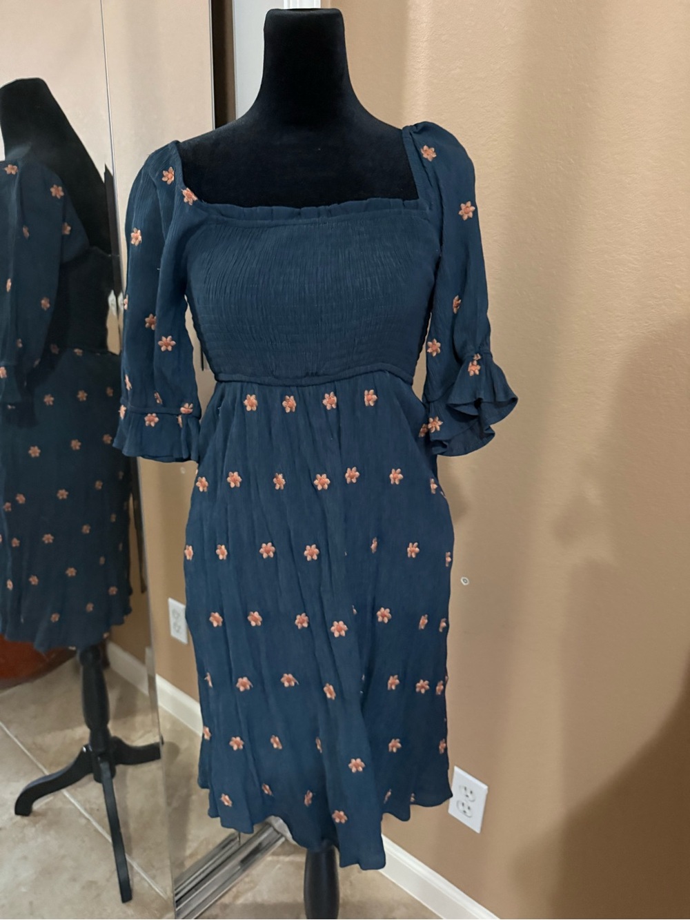Hem & Thread Navy Blue Embroidered Floral Midi Dress